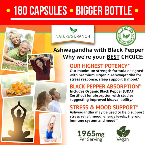 UDAF Certified Organic Ashwagandha with Black Pepper - 180 Capsules - 1965mg Extra Strength for Stress, Sleep, Mood, Thyroid, Focus, Hair, Vegan P...