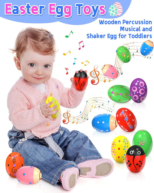 9 Pack Wooden Percussion Musical Shake Prefilled Easter Eggs with Toys Inside Filled for 3 4 5 Years Old, Toddlers Easter Basket Stuffers Egg Fill...