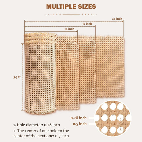 Premium 14" Cane Webbing Roll - 100% Natural Rattan Material (Not Plastic) - 3.3 Ft Length Hexagon Rattan Fabric, Open Weave Rattan Sheets for DIY...