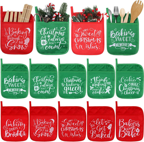 10 Pcs Christmas Pot Holders with Pocket Fall Pot Holder Potholder Gift Hot Pads Heat Resistant Oven Mitts Cookie Bag for Kitchen Baking Cooking (...