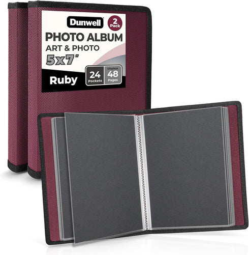 Dunwell Small Photo Album 5x7 (2-Pack, Ruby), Black Mounting Paper, 5 x 7 Photo & Art Portfolio Presentation Book, 24 Sleeves Display 48 Pages, Pr...