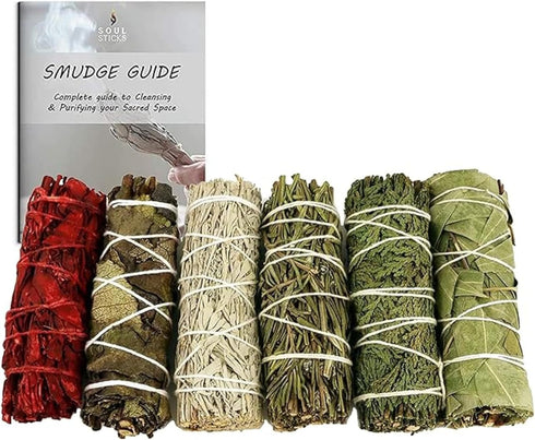 SOUL STICKS Smudge Stick Variety Gift Set | Bulk Sage Bundles for Space Cleansing | Smudging Wand Gift Set with Smudge Guide (Essential Sage, 6 Pa...