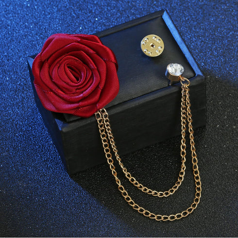 4pcs Rose Lapel Brooch with Hanging Chain, Handmade Rose Flower Brooch Badge Tassel Chain Men's Suit Accessories...