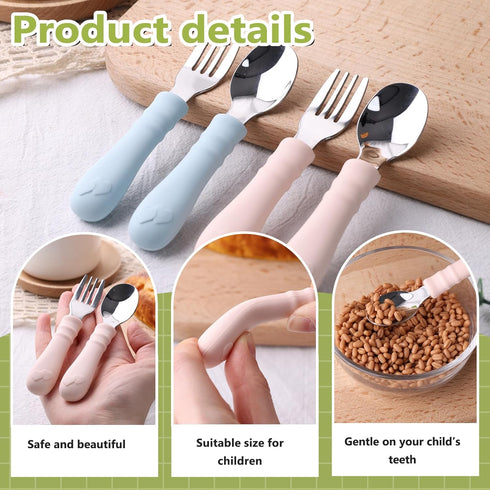 Toddler Utensils, 4PCS Fork and Spoon Kids Silverware with Silicone Handle Stainless Steel Utensils for Babies...