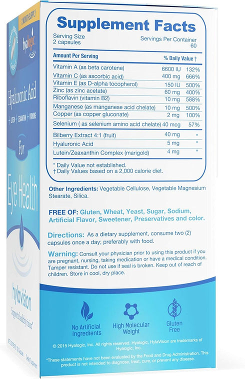 HylaVision Eye Health Supplements: Hyaluronic Acid, Lutein and Zeaxanthin Dietary Supplements for Vision Support (120 Capsules)— Vegan Formula by ...