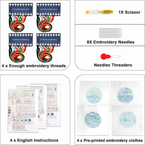 Maydear 4 Packs Embroidery Starter Kit with Pattern, Stamped Cross Stitch Kits for Beginners Adults with Embroidery Hoop and Instructions, Hand Em...