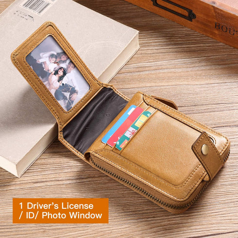 GOIACII Zipper Wallet for Men Genuine Leather RFID Blocking Mens Wallet with Zipper Coin Pocket ID Window Zipper Wallets Large Capacity...