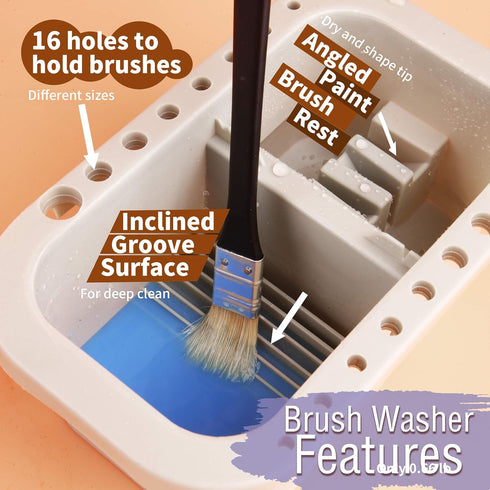 Multi-Use Paint Brush Basin with Brushes Holder,Washer,Trays,Palette Box-Artist Cleaner Cup for Watercolor Oil Acrylic Gouache Painting with Lid...
