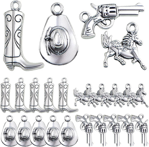 80pcs Antique Silver Western Cowboy Theme Charms Vintage Alloy Mixed Western Horse Boot Gun Pendants Charms for DIY Bracelet Necklace Earrings Jew...