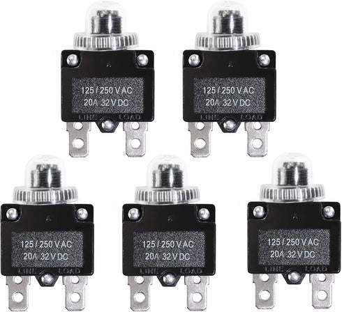 5PCS 20Amp Circuit Breakers with Push Button Reset with Quick Connect Terminals and Waterproof Button Cap...