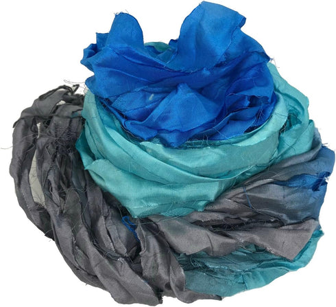 Brand - Super Bulky Recycled Sari Silk Ribbon Yarn in Blue Gray | 50 GMS - 30 Yards | Duppioni Silk Ribbon (Pack of 1)......