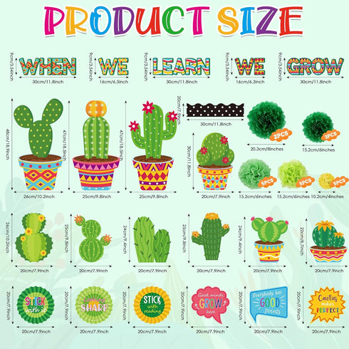 66 Pieces Cactus Classroom Decor When We Learn We Grow Bulletin Board Decorations Set Cactus Cutouts Tissue Paper Pompoms for Kindergarten Element...