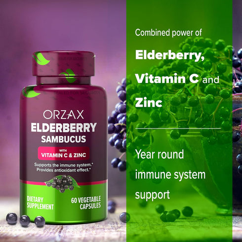 ORZAX Elderberry Capsules - Immune Support Supplement with Elderberry Vitamin C and Zinc - Antioxidants Supplement for Women and Men (60 Vegetable...