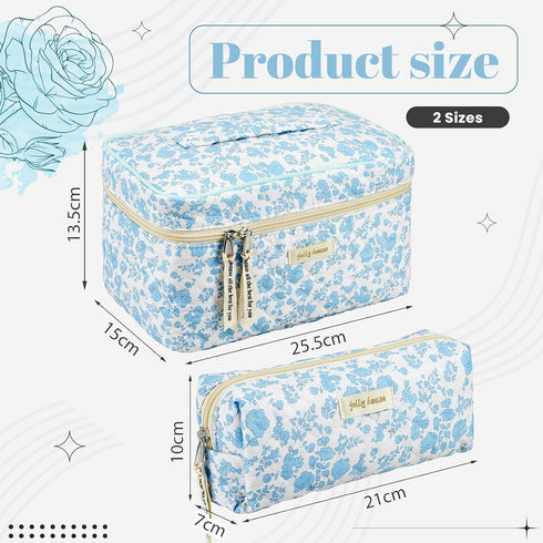 2 Pcs Cotton Quilted Makeup Bag Floral Cotton Cosmetic Bag Large Coquette Make up Pouch Aesthetic Floral Toiletry Bag for Women Girls Home Bathroo...