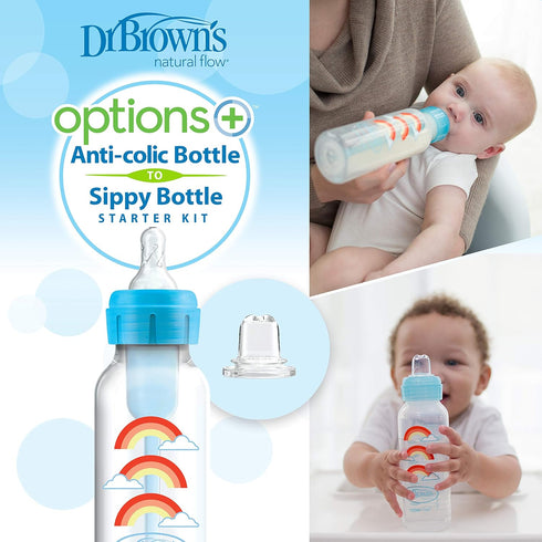 Dr. Brown's Anti-Colic Options+ Narrow Sippy Bottle Starter Kit, 8oz/250mL, with Level 3 Medium-Fast Flow Nipple and Soft 100% Silicone Sippy Spou...