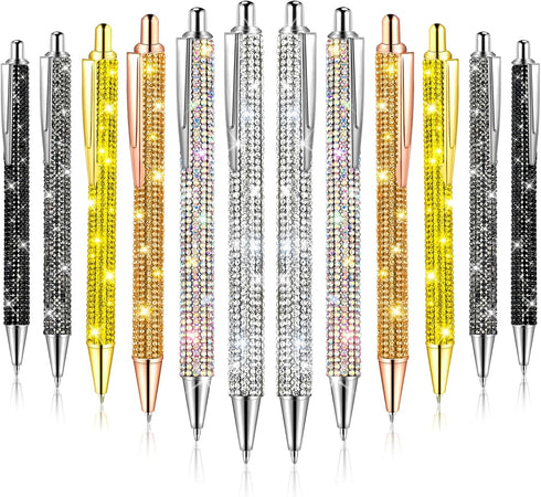 12Pcs Rhinestone Pens Bling Metal Ballpoint Diamond Pens Bulk Fancy Sparkly Crystal Press Retractable Black Ink 0.7mm For Women Office Meeting Bir...