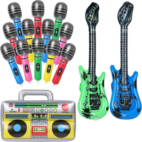 12 Pcs Inflatable Microphones 1 Pc Inflatable Boombox 2 Pcs Blow up Guitar for 80s 90s Party Decorations, 80s 90s Party Favors Decor Supplies Musi...