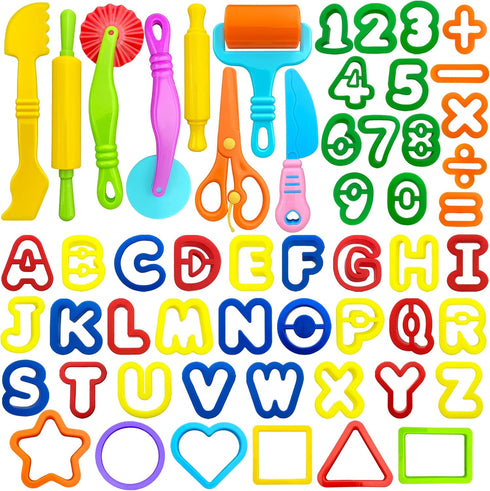 Playdough Tools 55 PCS Play Dough Tools Set for Kids, Play Dough Accessories Plastic Playdough Alphabet Numbers Shapes Cutters,Playdough Rollers,D...
