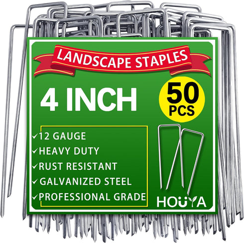 50 Pack Landscape Staples 4 Inch 12 Gauge Garden Stakes Galvanized Garden Staples Pins Anti-Rust Ground Stakes for Weed Barrier, Irrigation Tubing...