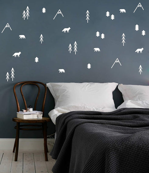 Woodland Animals, Trees and Mountains Wall Decals, Vinyl Stickers for Bedroom, Living Room, School, Nursery Wall Decals, Room Decor A44 (White)...