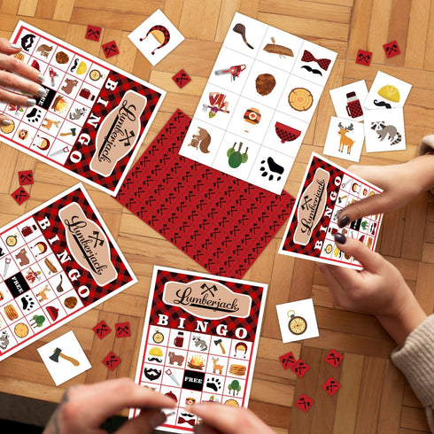 Lumberjack Party Bingo Game, 24 Player Woodland Bear Bingo Cards Set for Family Friend Activity, Gender Reveal Party Favor Decoration Holiday Supp...