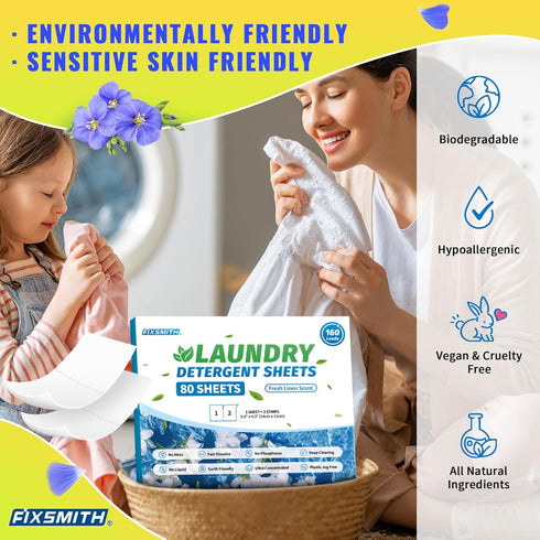 FIXSMITH Laundry Detergent Sheets - 160 Loads (80 Sheets) Fresh Linen Scent - Hypoallergenic,Eco Friendly Laundry Detergent Strips Ultra-Concentra...