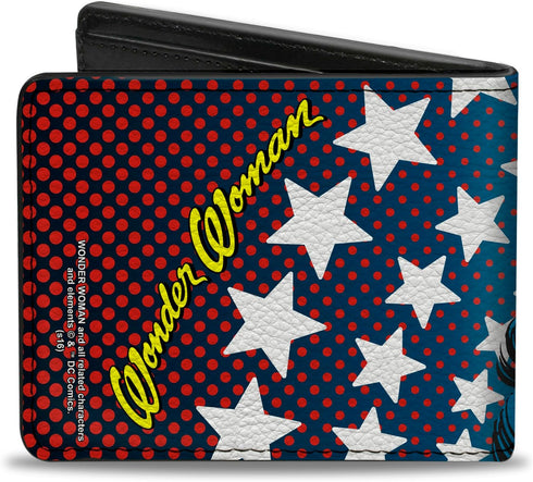 Buckle-Down Men's PU Bifold Wallet-Wonder Woman Stars/Face Halftone Blues/Red/Yellow/White, Multicolor, 4.0" x 3.5"...