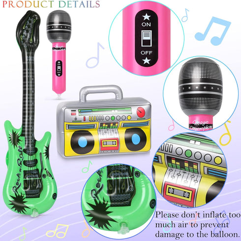 12 Pcs Inflatable Microphones 1 Pc Inflatable Boombox 2 Pcs Blow up Guitar for 80s 90s Party Decorations, 80s 90s Party Favors Decor Supplies Musi...