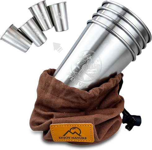 Camping Cup 16oz (4 Pack) Camping Gift for Him Father Stackable Metal Mug Pint Cup 18/8 Stainless Steel Cup for Outdoor Picnic Hiking Fishing Surf...
