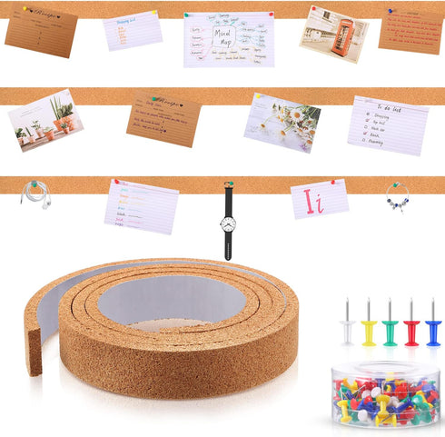 Uanchu Cork Strips Bulletin Bar Strips Pin Board Bar Strips Frameless Notice Board Strip with 1 Roll Double Side Tape 100 Push Pins for Office Bac...