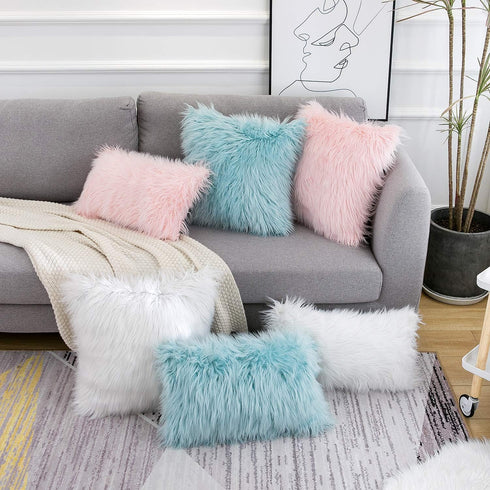 WLNUI Set of 2 White Decorative Lumbar Fluffy Pillow Covers New Luxury Series Merino Style Faux Fur Throw Pillow Covers Fuzzy Cushion Case Spring ...