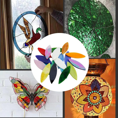 Mosaic Tiles 32pcs/24pcs Glass Leaf Mosaic Tile Glass Leaf for Mosaics Glitter Crystal Mosaic Oval Translucent Mica Glass DIY Handmade Art Craft D...