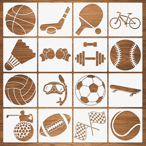 Sports Stencils, 16 Pcs Sports Ball Stencils, Football Basketball Golf Soccer Baseball Racing Diving Reusable Plastic Template for Painting on Woo...