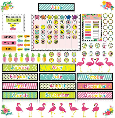 114 Pcs Boho Tropical Calendar Bulletin Board Set Monthly Calendar with Numbers Pineapple Flamingo Flower Seasons Weather Cutout Days of The Week ...