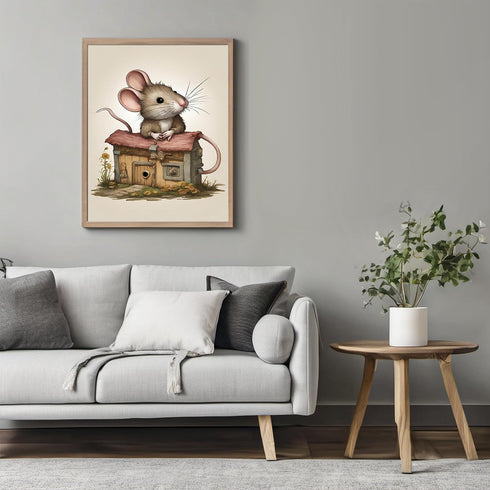 Posterizer 1 pcs- Cute mouse leaning on a tiny house-Art for Animal Lovers-Kids Room Art-Gift for Daughter, Son, Kids-Decor for nursery toddlers k...