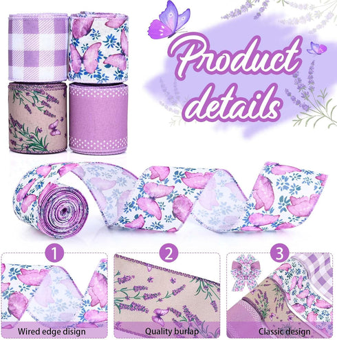 4Rolls 20 Yards Floral Wired Edge Ribbon Purple Lavender Butterfly Printed Burlap Ribbon for Gift Wrapping Wreath Bow Making Craft for Wedding Bri...