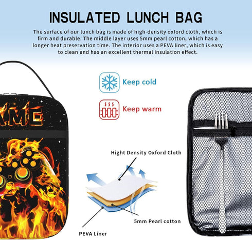 Video Game Lunch Box Gamepad Insulated Lunch Bag Reusable Cool Gamer Slogan Game Theme Lunch Box With Adjustable Shoulder Strap, Durable Lunch Tot...