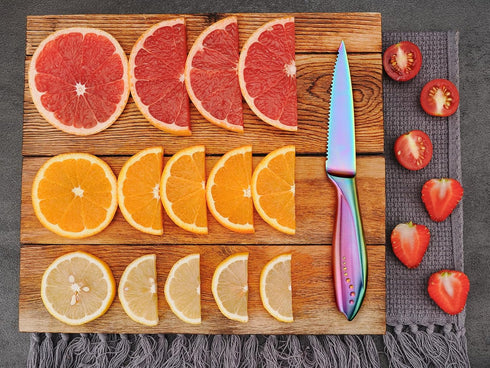 WELLSTAR Utility Knife, 4 Inch Serrated Paring Knife with Super Sharp Rainbow High Carbon Stainless Steel Blade for Fruit Vegetable Cutting Peelin...