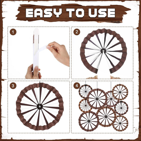 Outus 9 Pcs Wagon Wheel Decorations Paper Fans Wooden Wagon Wheels Wall Decor Western Hanging Paper Fans for Wild West Western Cowboy Themed Class...