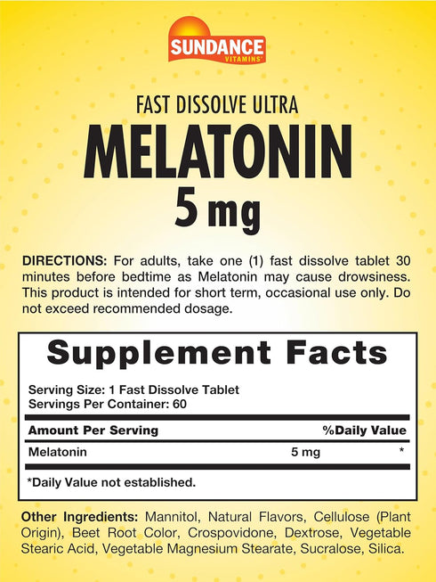 Fast Dissolve Melatonin 5mg | 60 Tablets | Natural Berry Flavor | Vegetarian, Non-GMO, and Gluten Free Supplement | by Sundance...