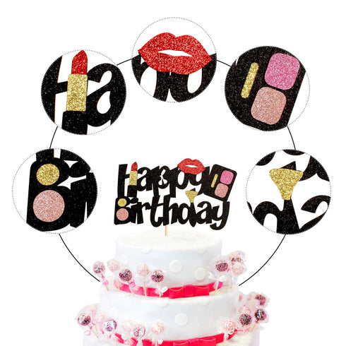 Ercadio 1 Pack Glitter Makeup Cake Topper Happy Birthday Cake Pick Bridal Shower Women Cosmetics Theme Bachelorette Party Decorations Supplies...