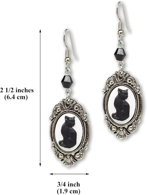 Black Cat Cameo In Silver Finish Frame Dangle Earrings with Black Bead...