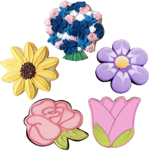 Summer Flowers Cookie Cutters 5-Pc. Set Made in the USA by Ann Clark, Flower, Rose, Sunflower, Tulip, Flower Bouquet...