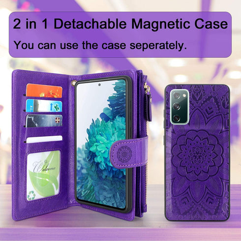 Harryshell Detachable Magnetic Zipper Wallet Leather Case Cash Pocket with 12 Card Slots Holder Wrist Strap for Samsung Galaxy S20 FE 5G (2020) Fl...