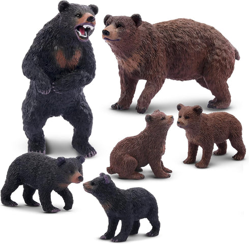 Toymany 6PCS Bear Figurines, Realistic Forest Animals Bear Family Figures Toy Set includes Brown Bears Black Bears and Cubs, Education Toy Birthda...