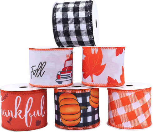 VATIN Fall Wired Ribbon 2.5 inch X 90 Feet, Buffalo Plaid/Pumpkin/Maple Leaves/Truck/Thankful Pattern Burlap Ribbon, Fall Thanksgiving Theme Ribbo...