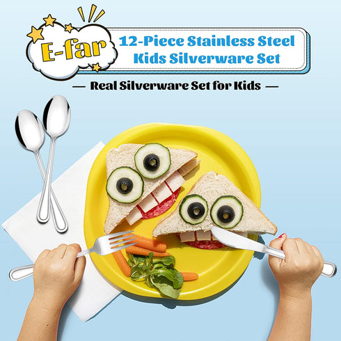 E-far 12-Piece Kids Silverware, Stainless Steel Toddler Kids Utensils Safe for Preschooler/Children, Includes 4 Forks 4 Spoons 4 Knife, Slimline A...