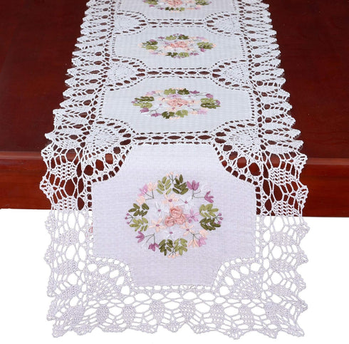 Handmade Crochet Cotton Lace Table Runner Dresser Scarf, Ribbon Embroidery (17 x 56 inches)...