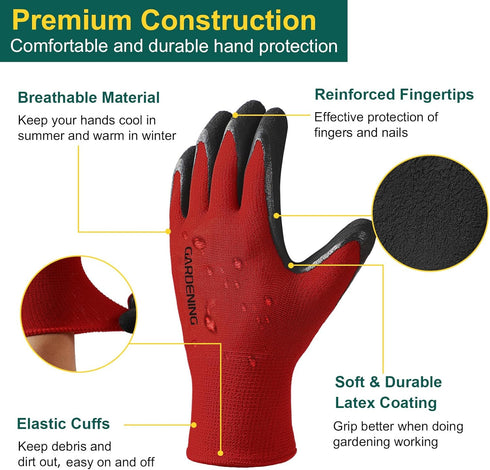 Trifabricy Garden Gloves for Women/Men - 6 Pairs Breathable Natural Latex Gardening Gloves with Grip, Outdoor Hard-wearing Protective Work Gloves ...