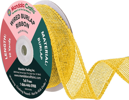 Mandala Crafts Yellow Burlap Wired Ribbon 1 Inches Wide Jute Ribbons for Crafts - 10 Yds Roll Rustic Burlap Wrap Trim Ribbons for Wreaths Bows Par...